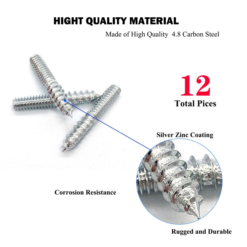 Yoliko 12 Pack 1/4-20 x 1-1/2 Inch Silver Hanger Bolts 1/4-20"" Double Headed Bolts 1/4 Wood Dowel Screw Self-Tapping Screw Hanger Bolts for Furniture Screws Double Screw Threaded Rods Bolt 37mm length - Image 4